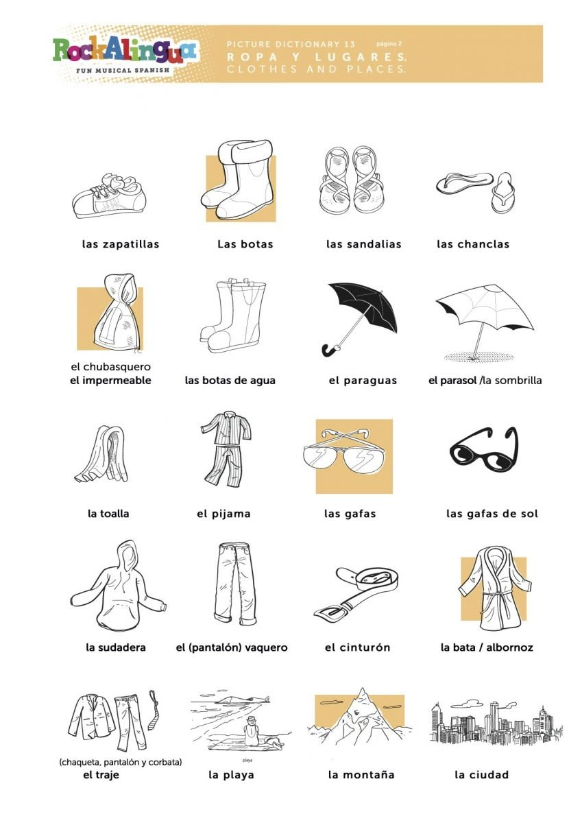 U La La Clothes Places Weather  Picture Dictionary  Rockalingua Intended For Clothing In Spanish Worksheets