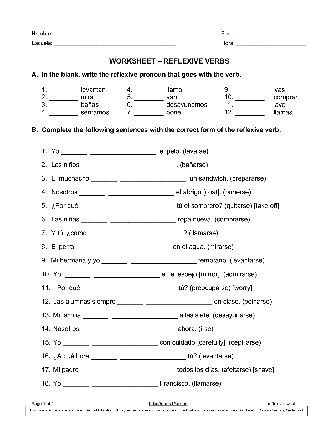 Uncategorized – Page 2 – Hablamos In Spanish Reflexive Verbs Worksheet Pdf
