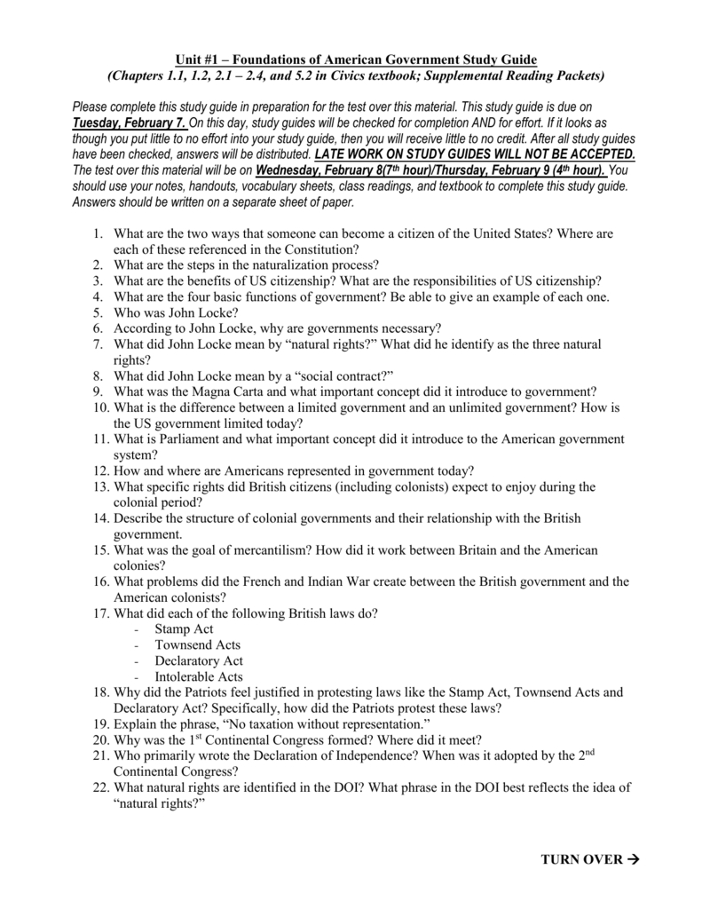 Unit 1 – Foundations Of American Government Study Guide Pertaining To Foundations Of Government Worksheet Answers