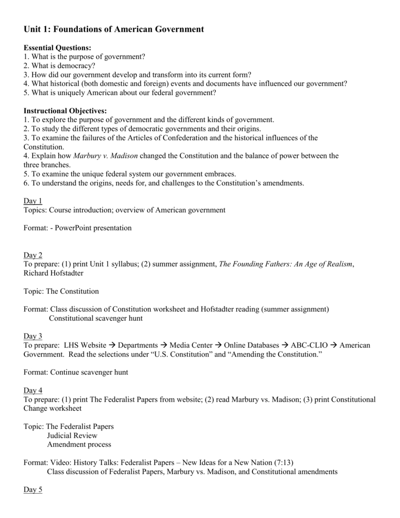 Unit 1 Foundations Of American Government Together With Foundations Of Government Worksheet Answers