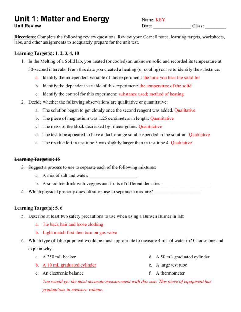 Unit 1 Matter And Energy Review Ws Answers Intended For Energy Review Worksheet