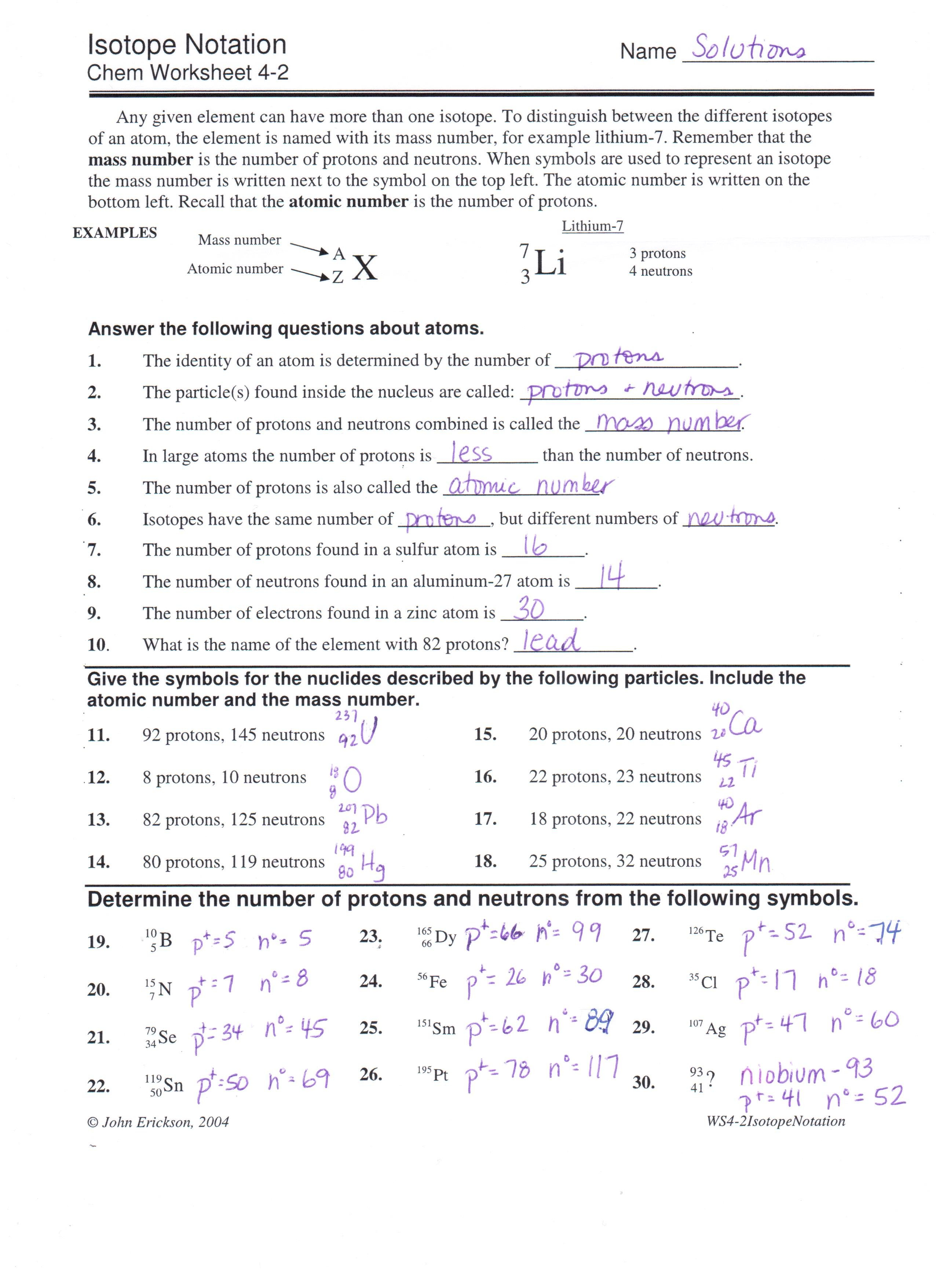 Unit 2  Chapters 4 5  6  Mrs Gingras' Chemistry Page For Isotope Notation Chem Worksheet 4 2