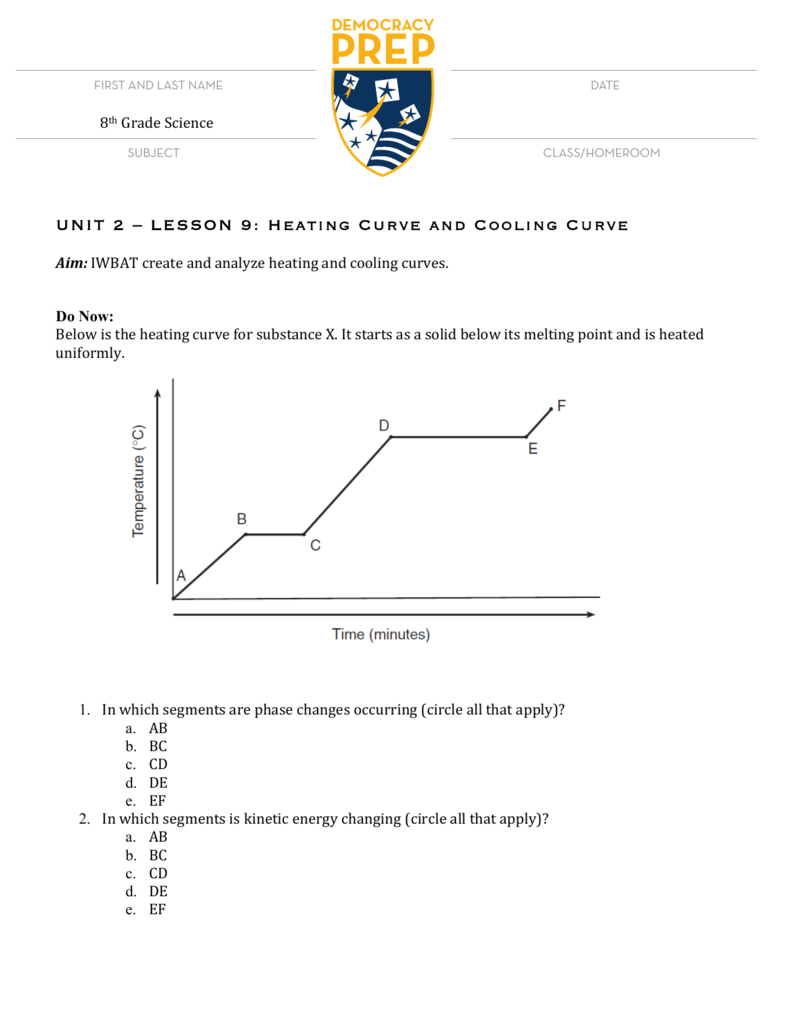 Unit 2 – Lesson 9 Heating Curve And Cooling Also Heating And Cooling Curves Worksheet