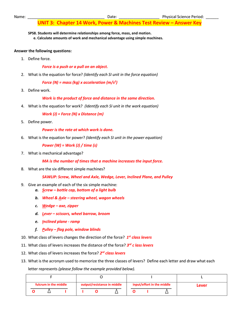 Unit 3 Chapter 14 Work Power  Machines Test Review – Answer Throughout Physical Science Work And Power Worksheet Answers