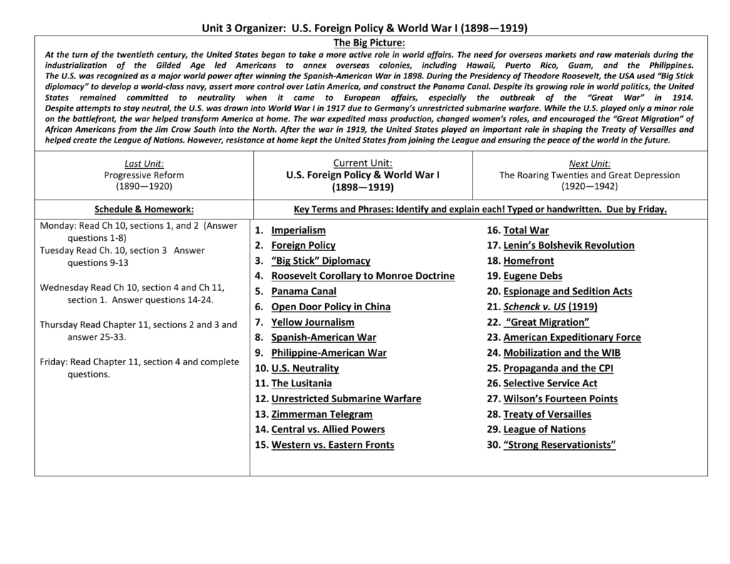 Unit 3 Organizer Us Foreign Policy  World War I 1898—1919 Also Foreign Policy And Diplomacy Worksheet Answer Key