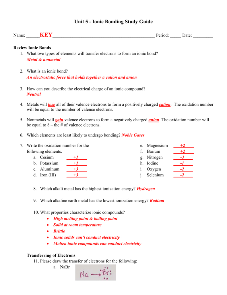 Unit 5  Study Guide Key With Ionic Bonding And Ionic Compounds Worksheet Answers