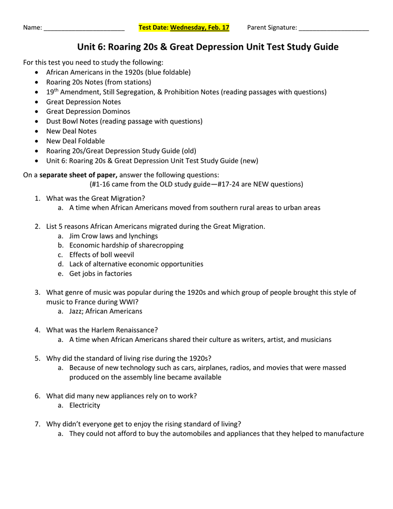Unit 6 Study Guide Answers Together With The Roaring Twenties Worksheet Answers