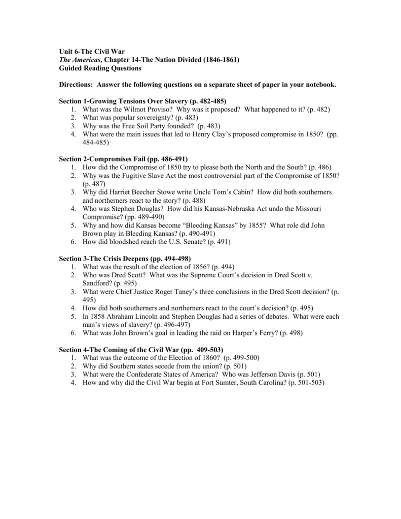 Unit 6The Early 19Th Century Regarding Slavery Divides The Nation Worksheet Answers