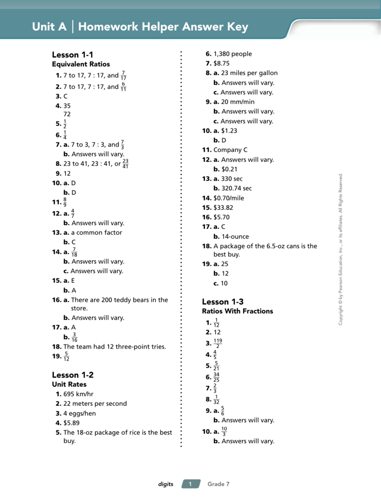 Unit A Homework Helper Answer Key In Ordering For Rational Numbers Independent Practice Worksheet Answers