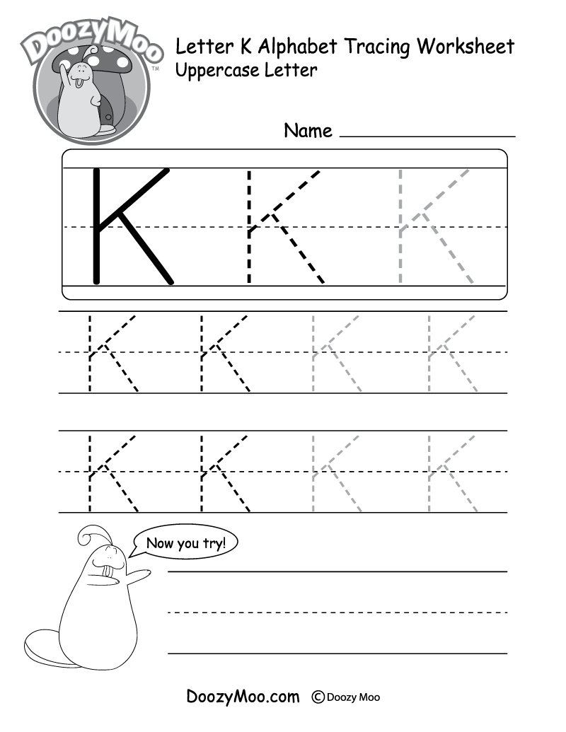 Uppercase Letter K Tracing Worksheet  Doozy Moo Along With Letter K Worksheets For Kindergarten