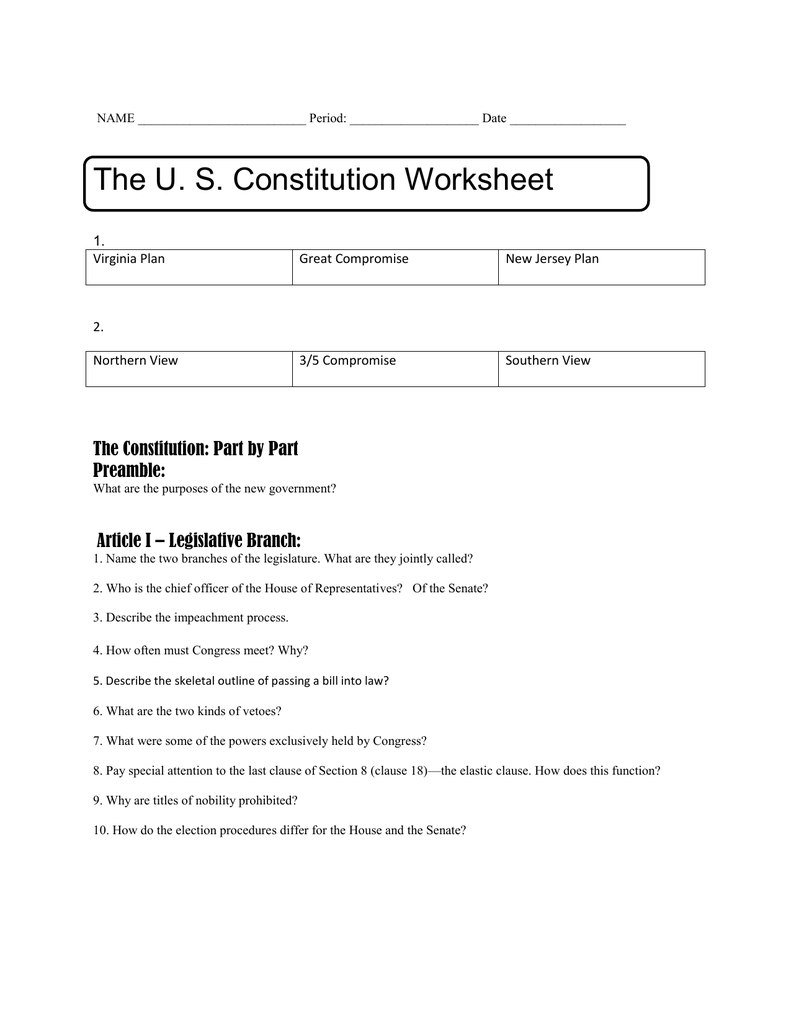 Us Constitution Handout Within The Us Constitution Worksheet