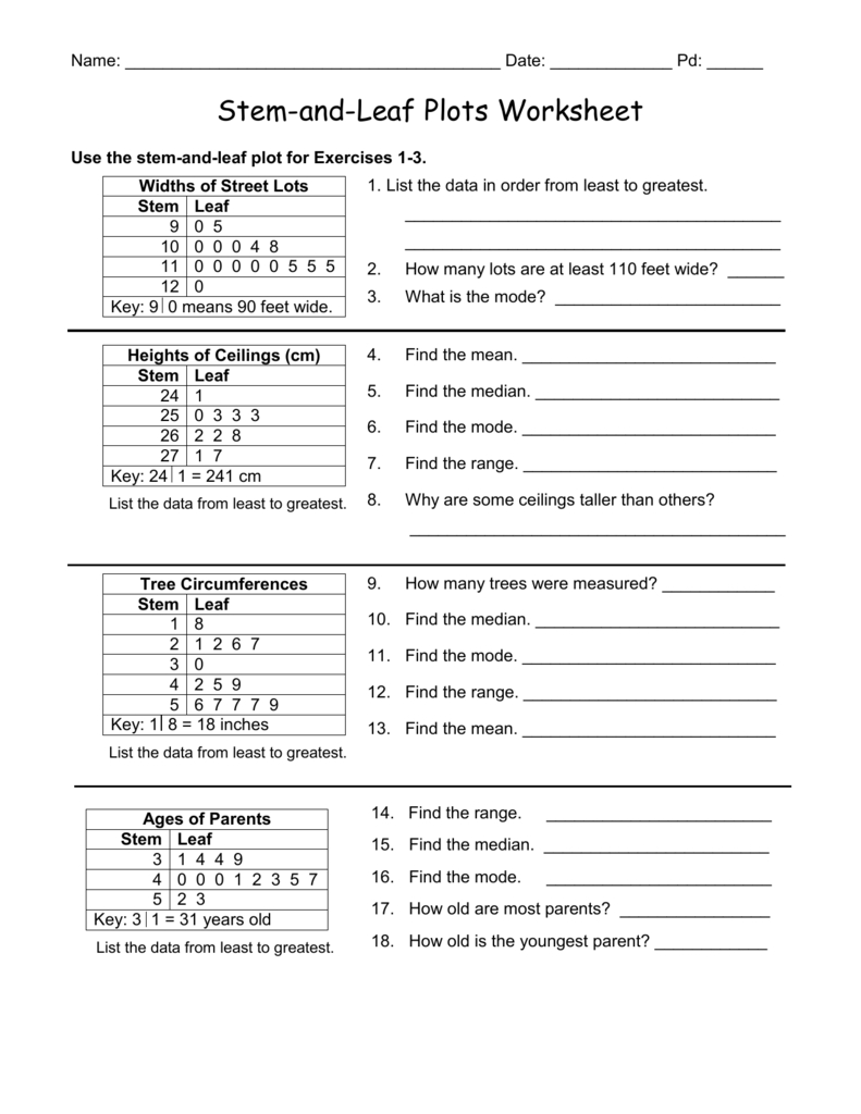 Use The Stemandleaf Plot For Exercises 13 Within Stem And Leaf Plot Worksheet Answers