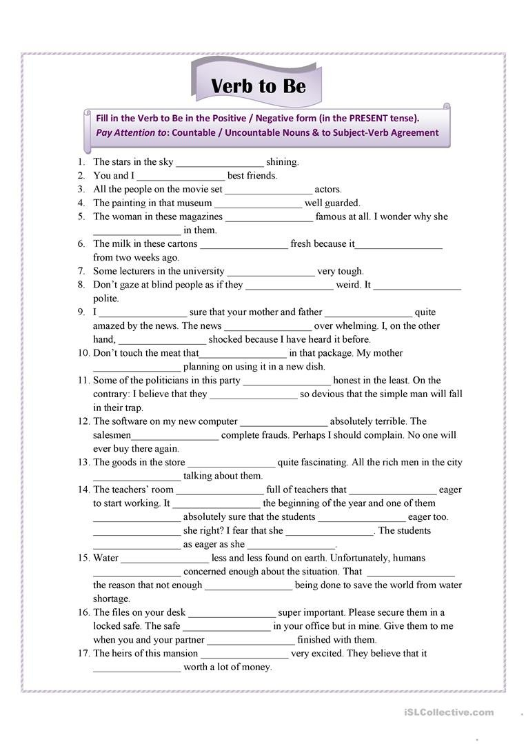 Verb To Be For Advanced Students Worksheet  Free Esl Printable Regarding College Grammar Worksheets