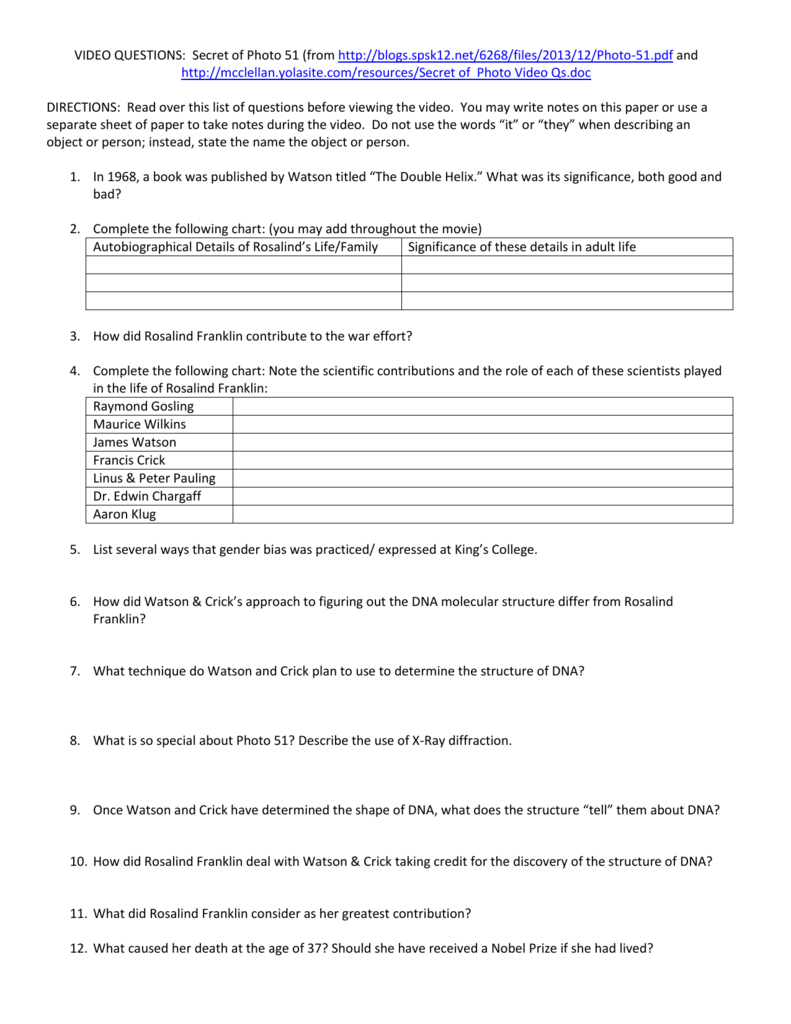 Video Questions Secret Of Photo 51 As Well As Secret Of Photo 51 Video Worksheet Answers