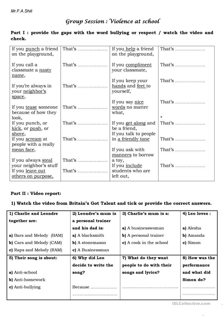 Violence At School Bullying Worksheet  Free Esl Printable Together With Worksheets On Bullying