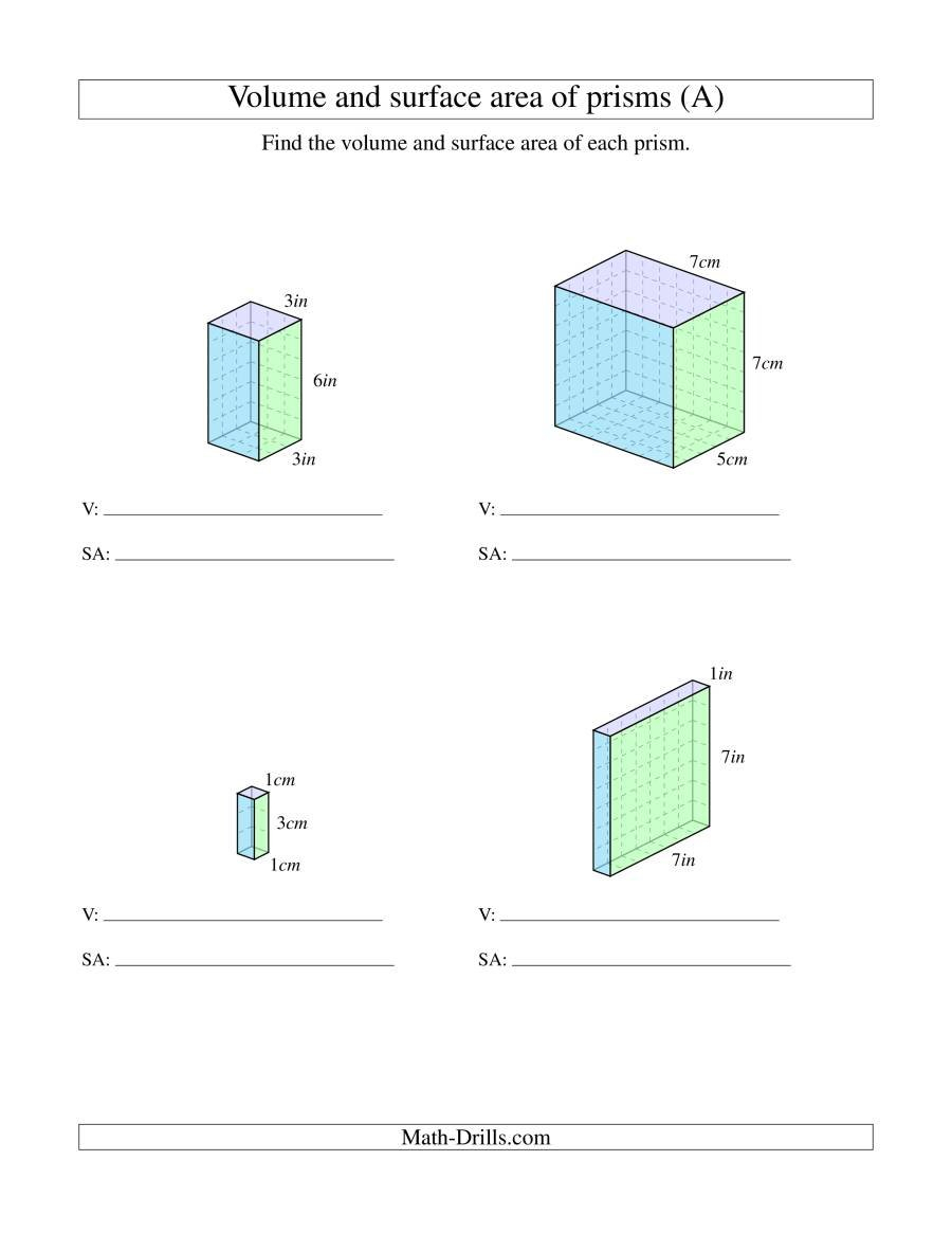 Volume And Surface Area Of Rectangular Prisms With Whole Numbers A Inside Volume Of Prisms Worksheet