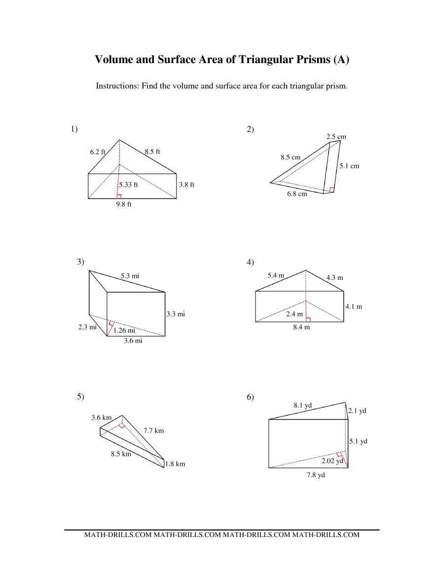 Volume And Surface Area Of Triangular Prisms A Throughout Surface Area Of Prisms And Cylinders Worksheet