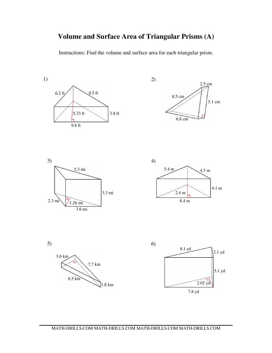 Volume And Surface Area Of Triangular Prisms A With Regard To Surface Area Worksheet 7Th Grade