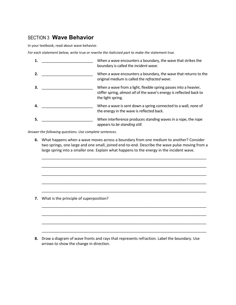 Wave Behavior Along With Section 3 The Behavior Of Waves Worksheet Answers