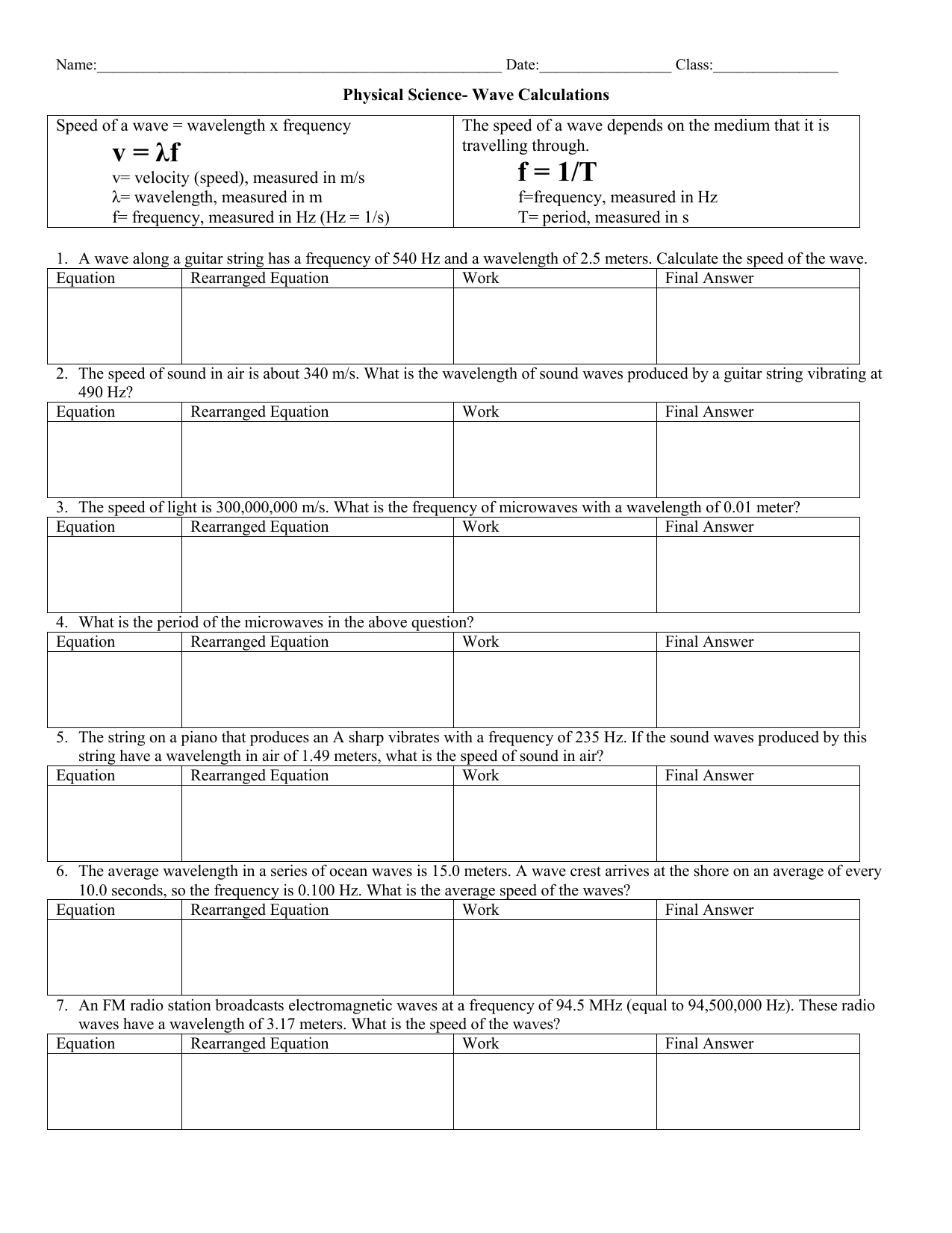 Wave Calculations Worksheet 1213 As Well As Wave Equation Worksheet Answer Key