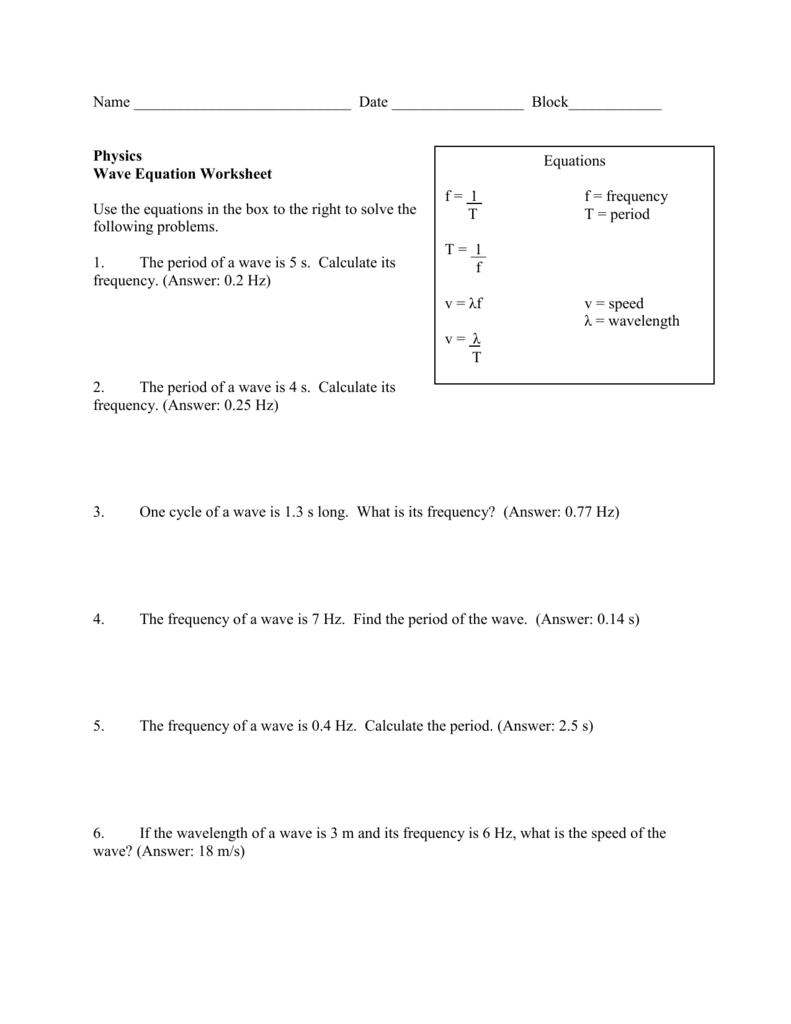 Wave Equation Worksheet Within Wave Equation Worksheet Answer Key