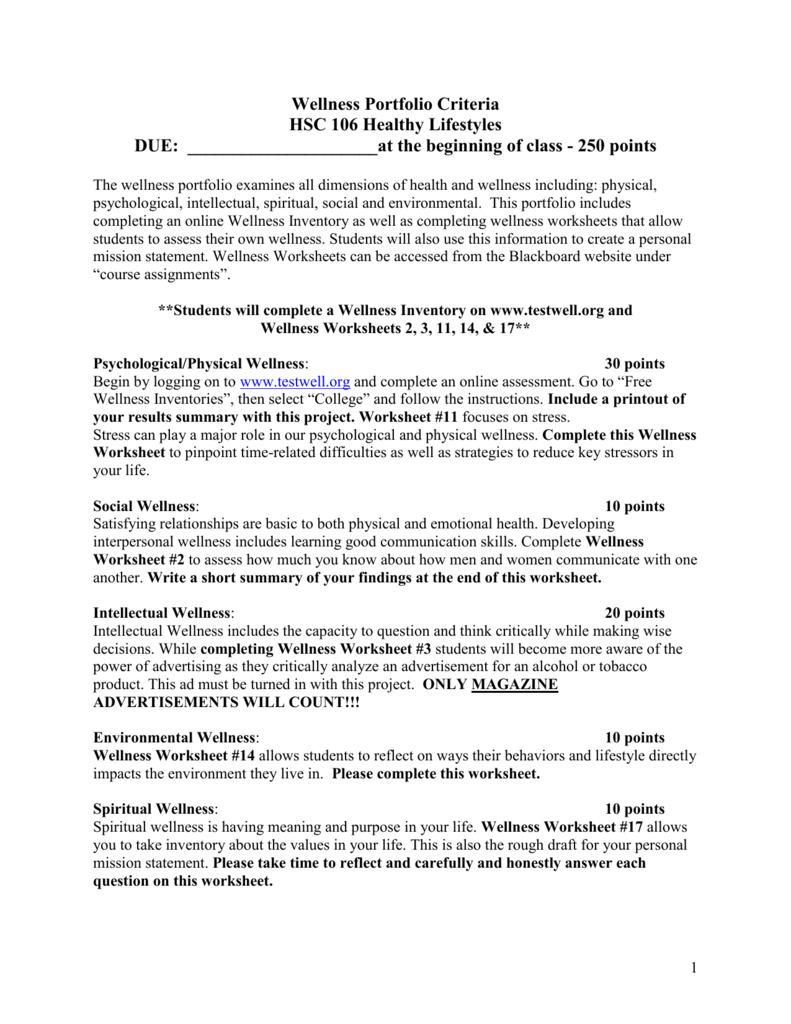 Wellness Portfolio Criteria Along With Health And Wellness Worksheets For Students