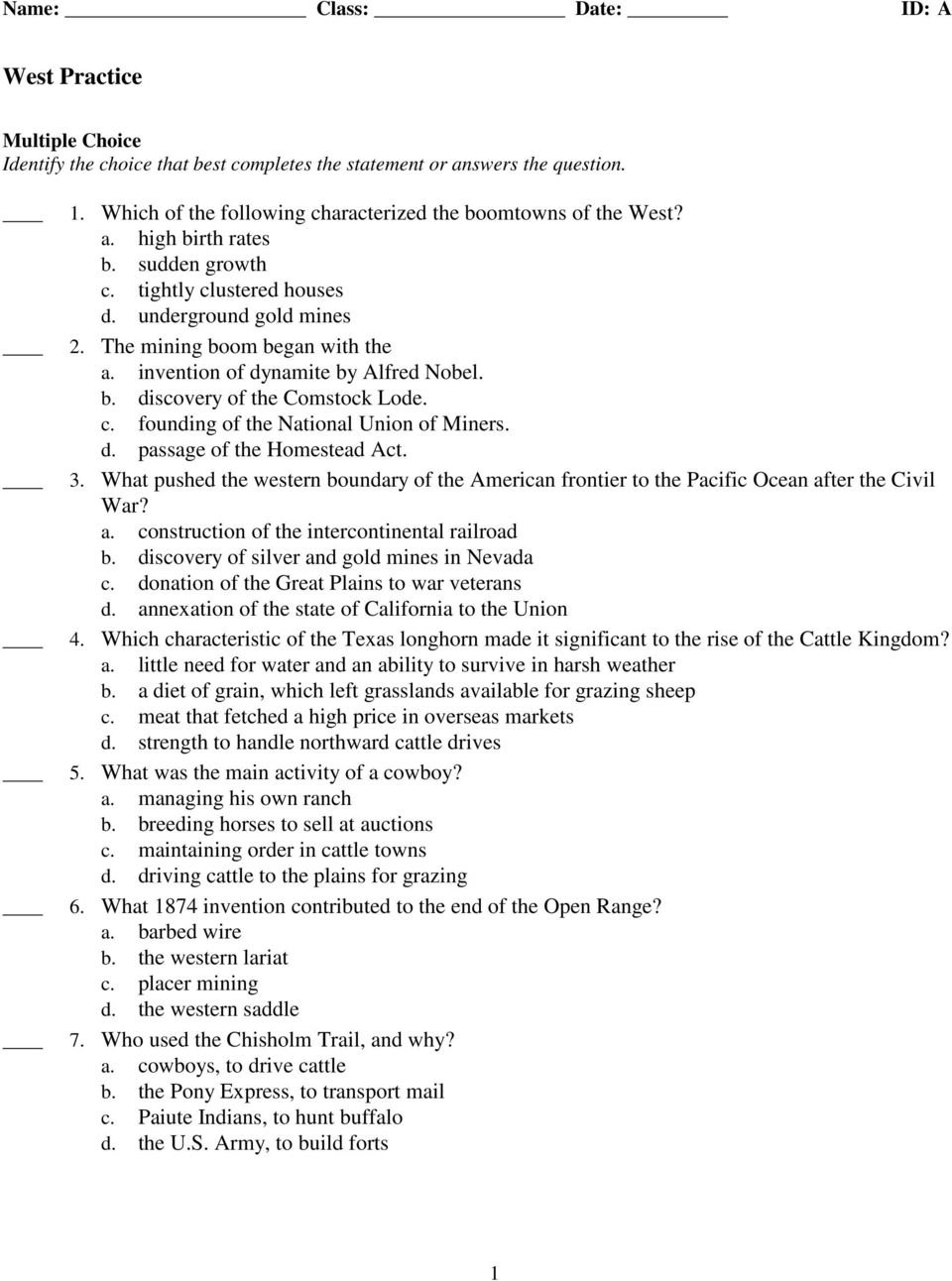 West Practice Name Class Date Multiple Choice Identify The Regarding Chapter 13 Changes On The Western Frontier Worksheet Answers