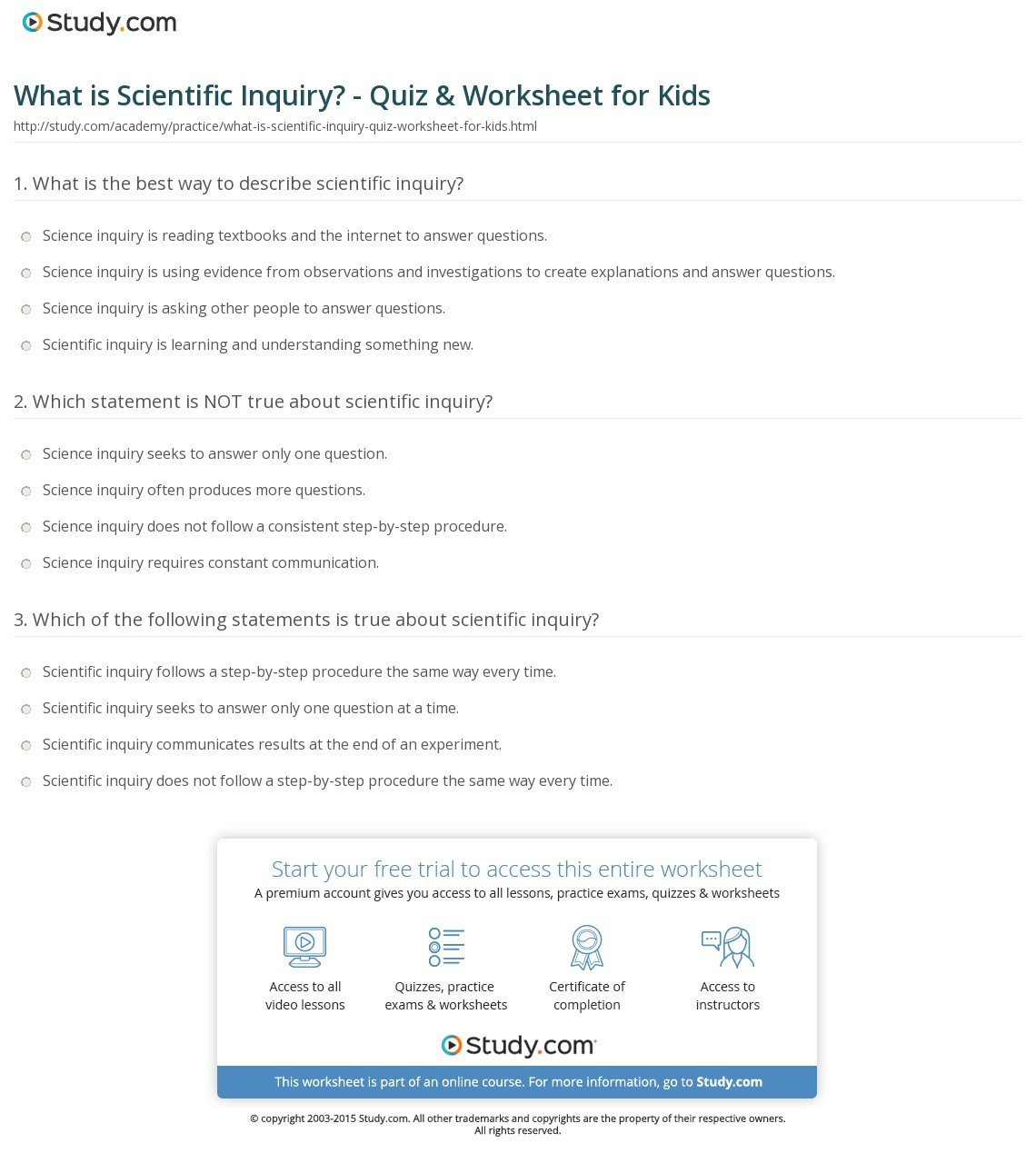 What Is Scientific Inquiry  Quiz  Worksheet For Kids  Study Together With Scientific Inquiry Worksheet Answers