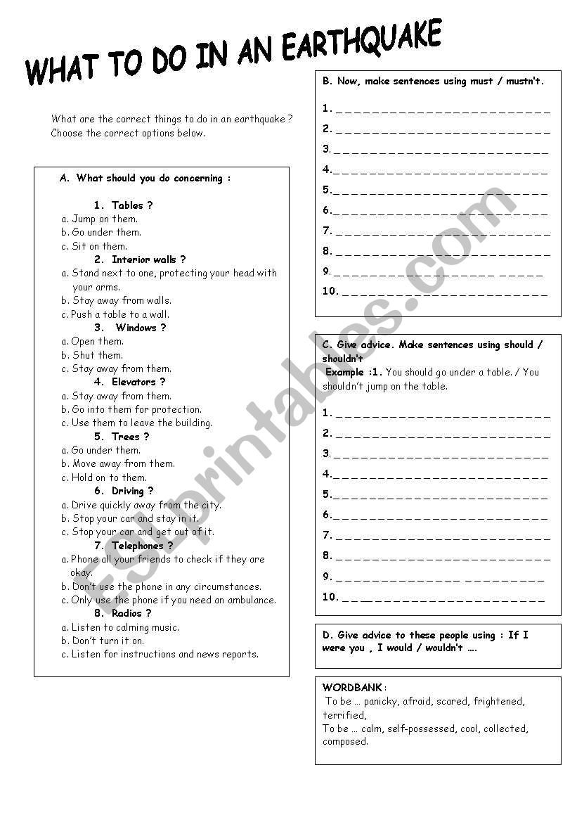 What To De In An Earthquake  Esl Worksheetmistick Or Earthquake Worksheets Pdf