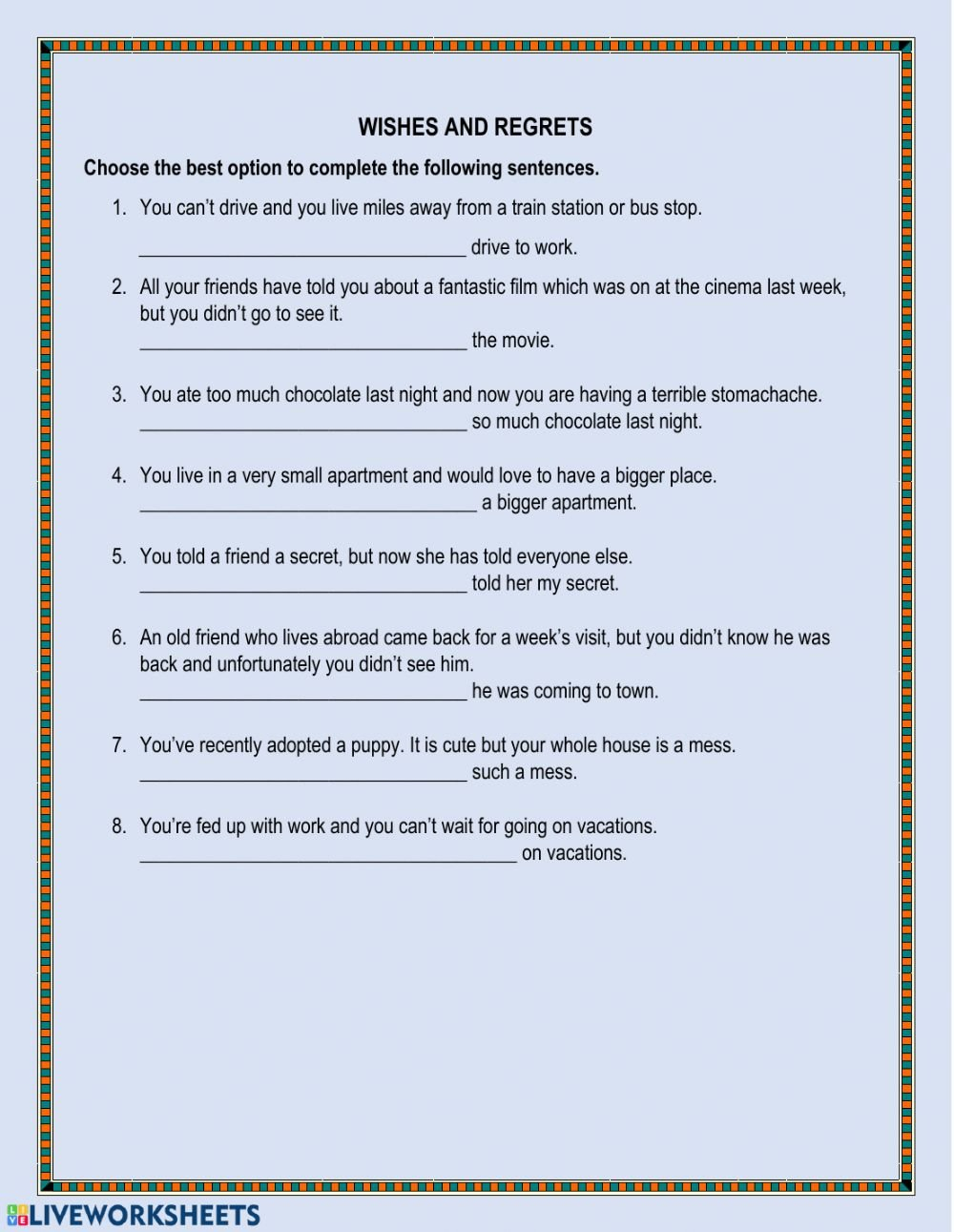 Wishes And Regrets  Interactive Worksheet For 5 Wishes Worksheet