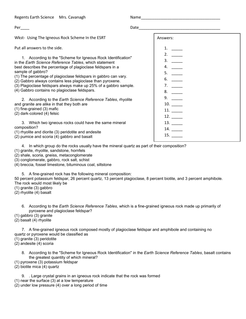 Wkst Igneous Rock For Scheme For Igneous Rock Identification Worksheet Answers