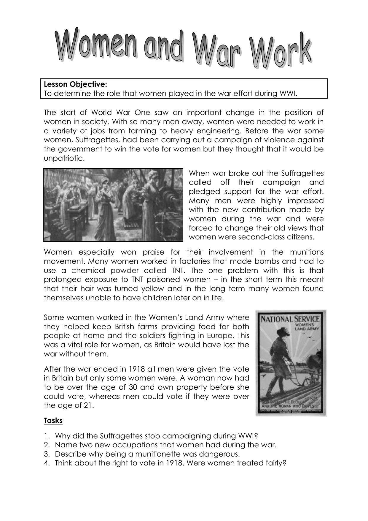 Women And The First World War Worksheet  Ks3 Lesson Resource And World War 1 Worksheets