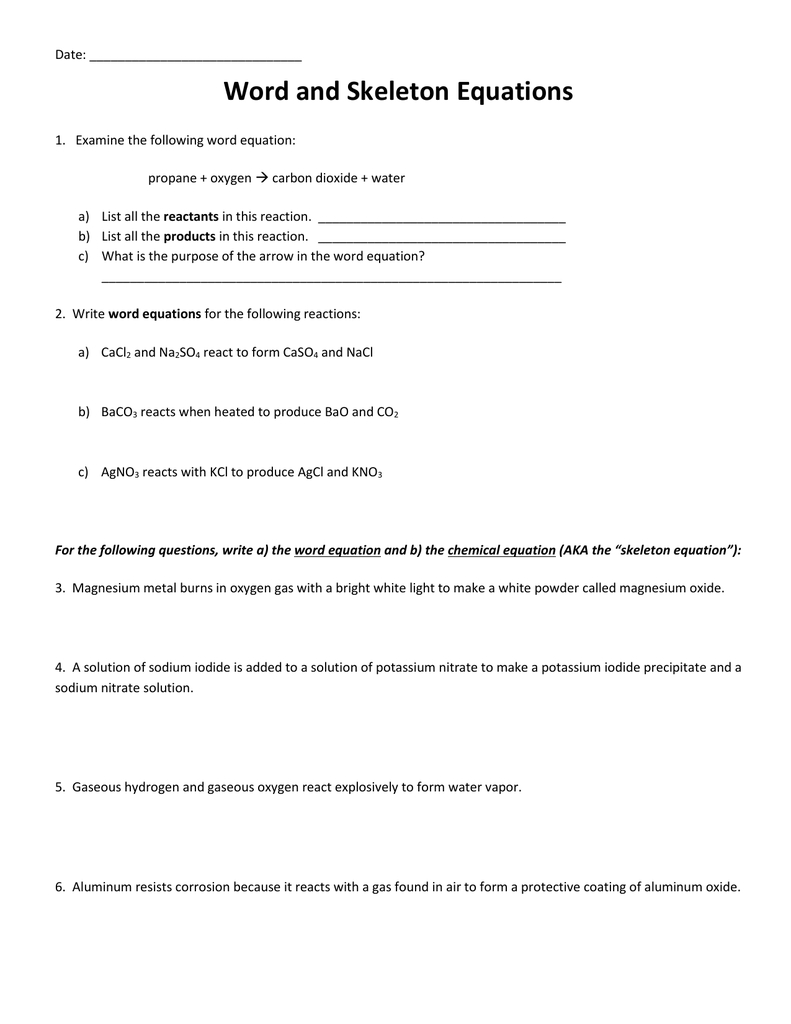 Word And Skeleton Equations With Word Equations Worksheet