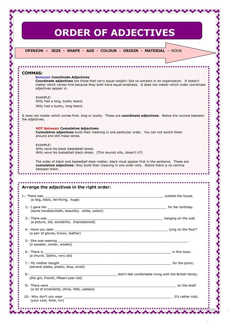 Word Order Of Adjectives Worksheet  Free Esl Printable Worksheets And Order Of Adjectives Worksheet