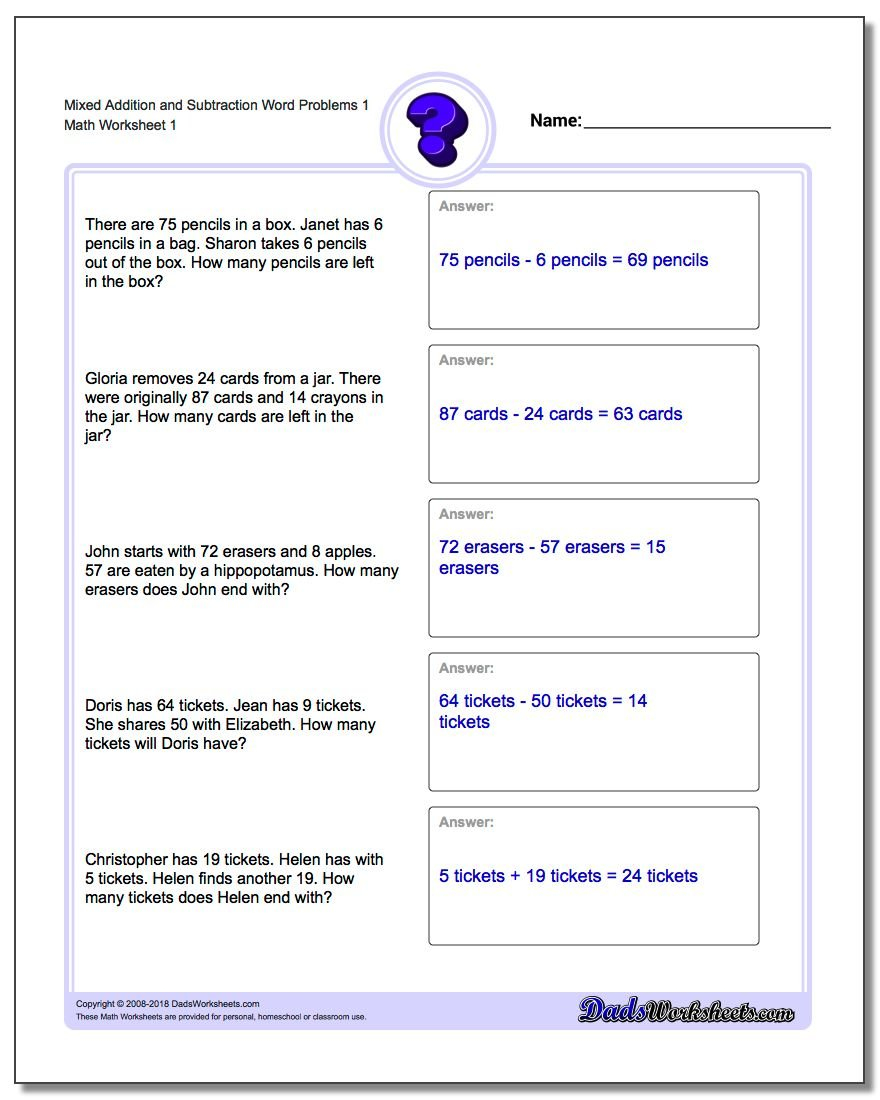 Word Problems Intended For Addition And Subtraction Word Problems Worksheets