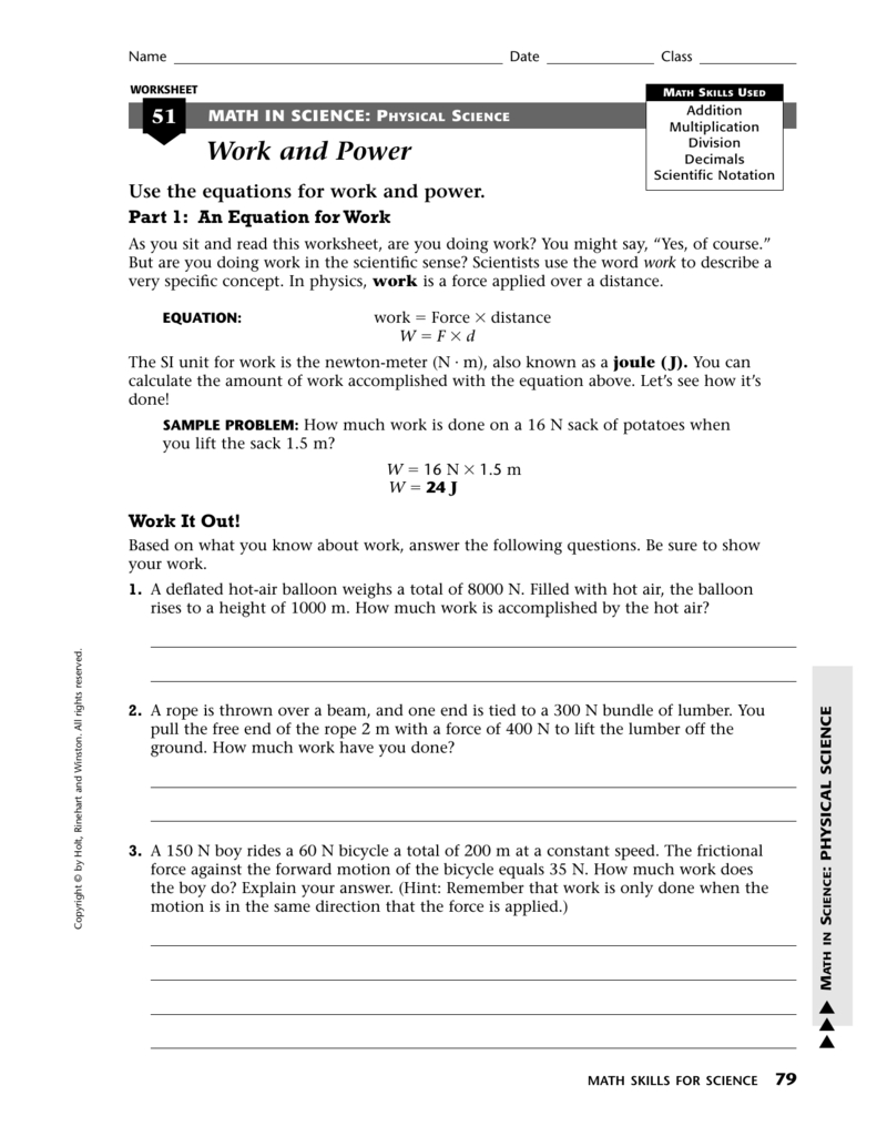 Work And Power  Kathleen Hobbs For Physical Science Work And Power Worksheet Answers