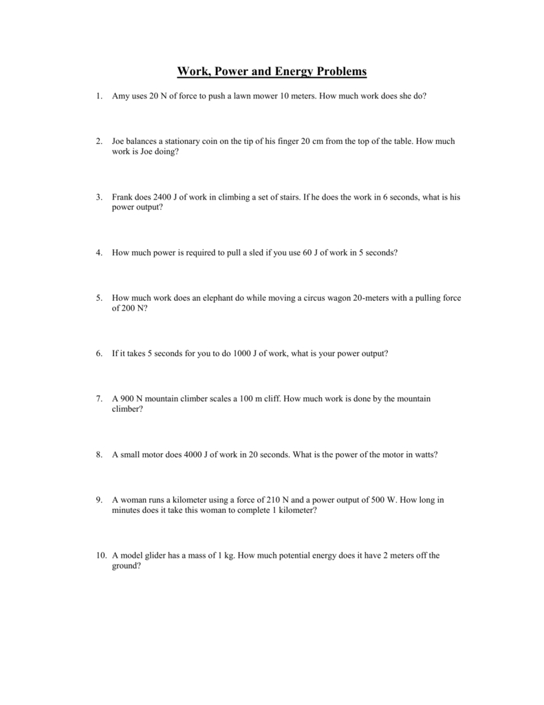 Work And Power Practice Problems Inside Work And Power Worksheet Answer Key