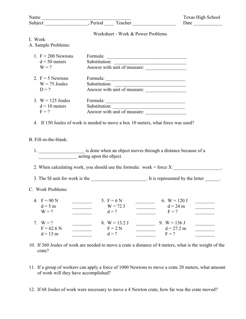 Work And Power Problems Within Work And Power Worksheet Answer Key