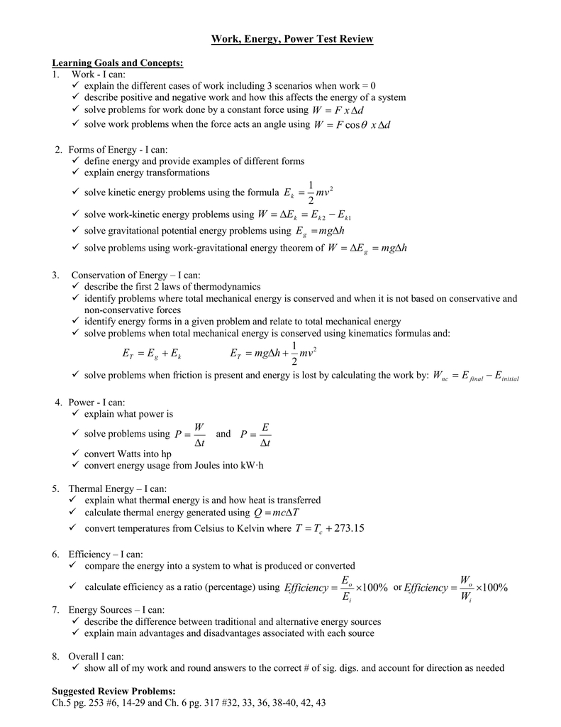 Work Energy Power Test Review With Regard To Energy Review Worksheet