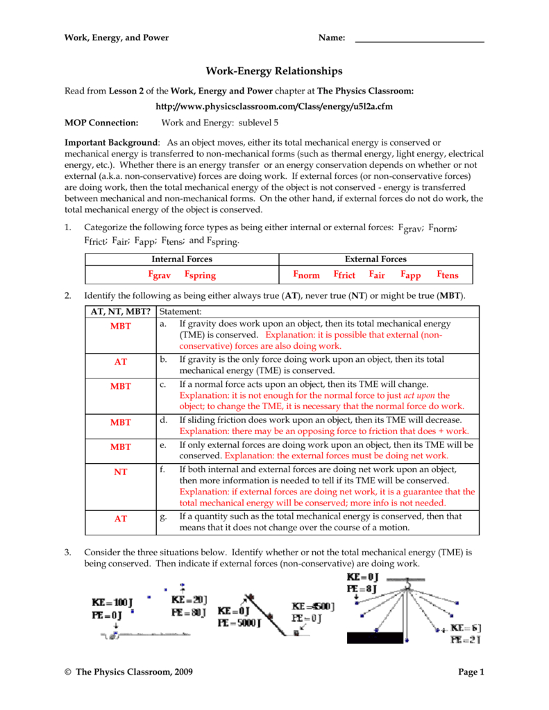 Work External Physics Classroom Worksheet Answers As Well As Work Energy And Power Worksheet Answers