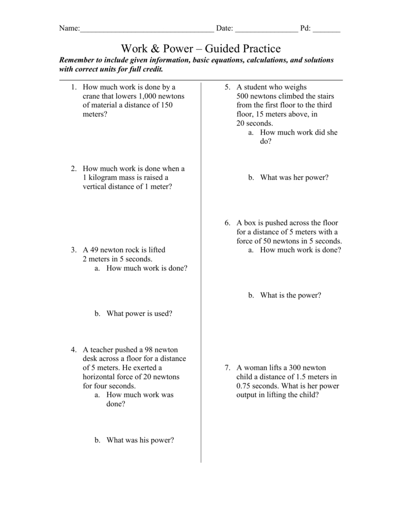 Work  Power Worksheet With Work And Power Worksheet Answer Key