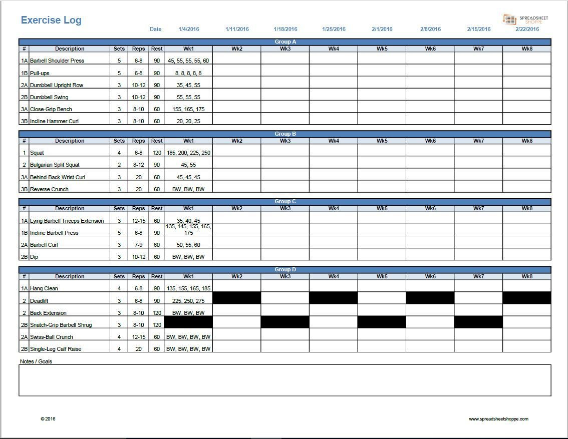 Workout Log Template - Spreadsheetshoppe Inside Workout Tracker Spreadsheet