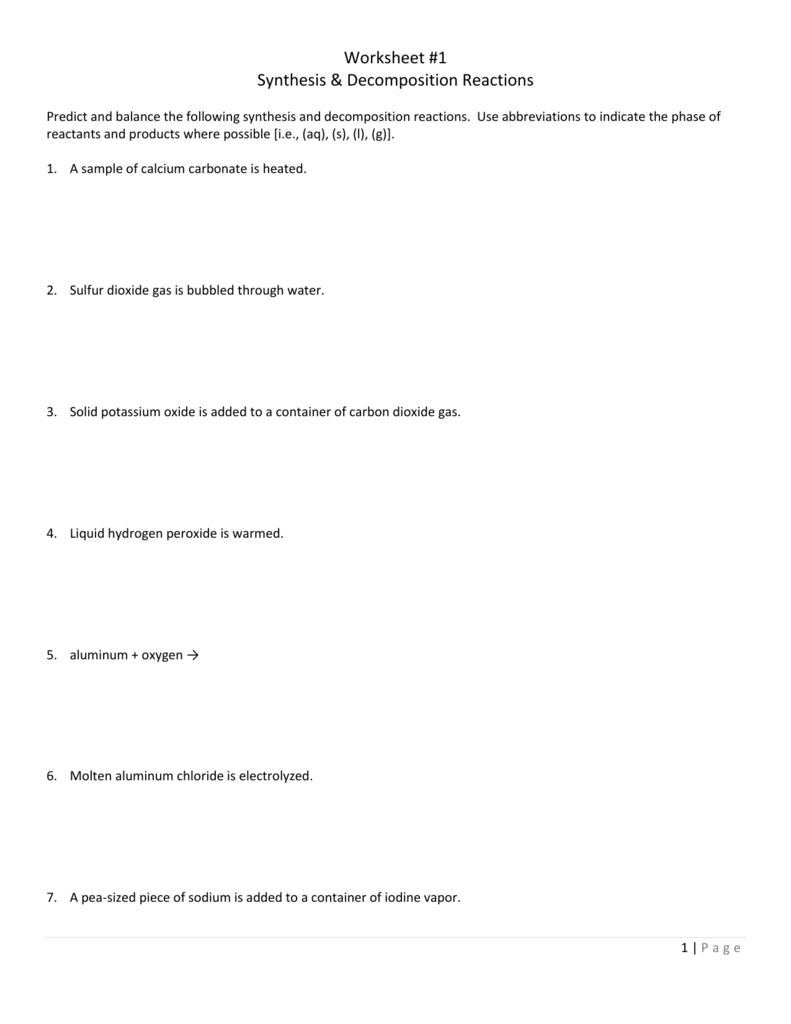 Worksheet 1 Synthesis  Decomposition Reactions For Synthesis And Decomposition Reactions Worksheet Answers