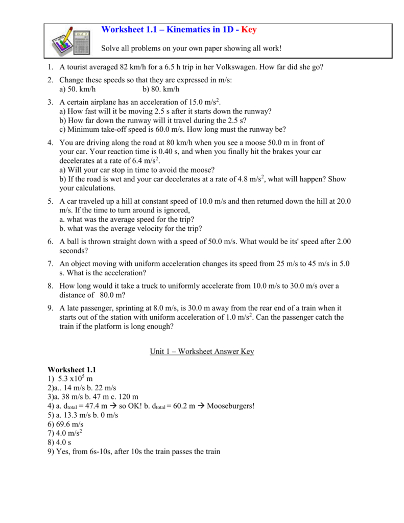 Worksheet 11 – Kinematics In 1D For Kinematics Worksheet With Answers