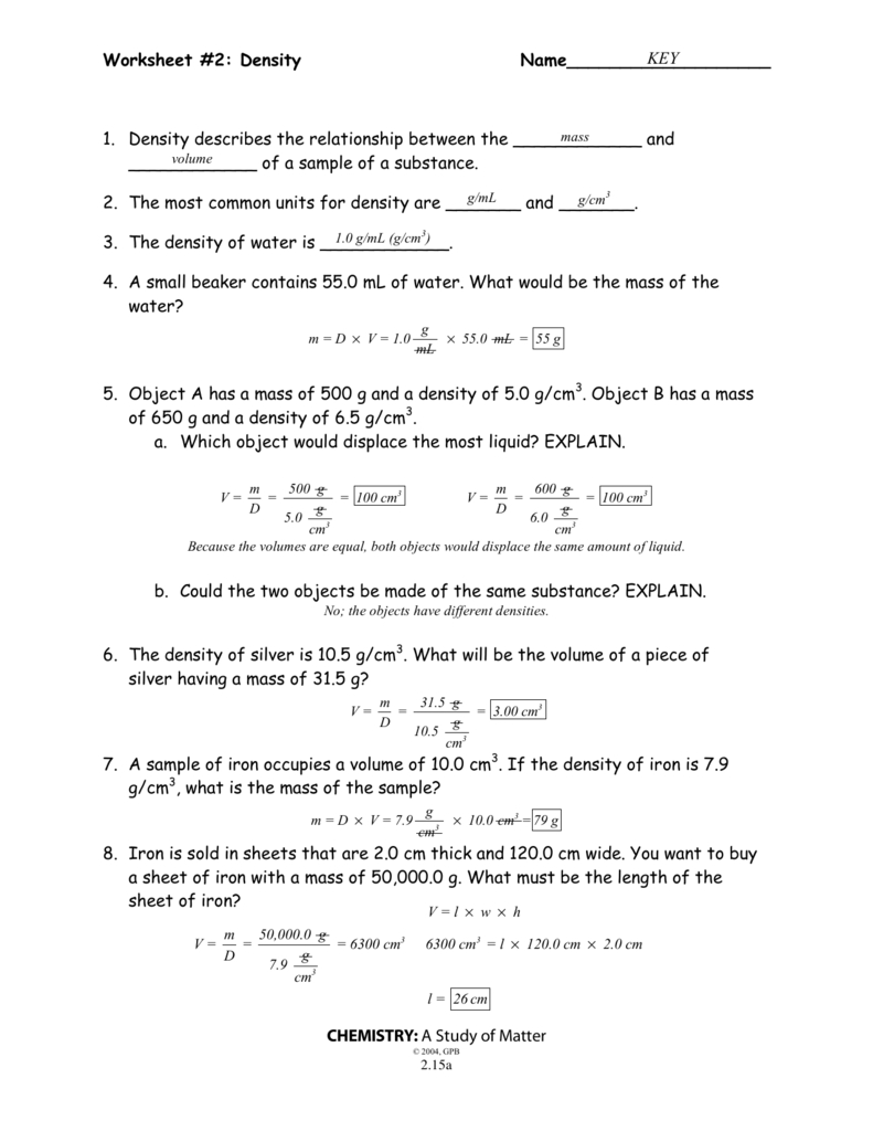 Worksheet 2 Density Name Chemistry For Chemistry A Study Of Matter Worksheet Answers