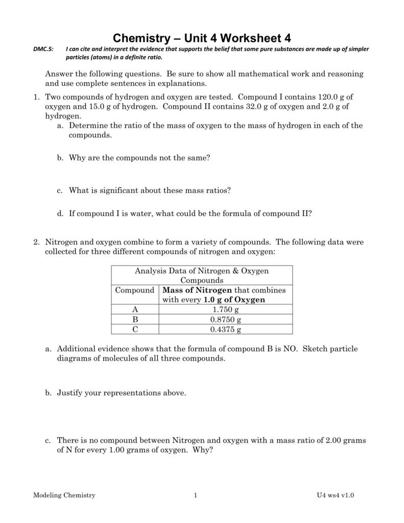 Worksheet 4 Inside Chemistry Unit 4 Worksheet 1