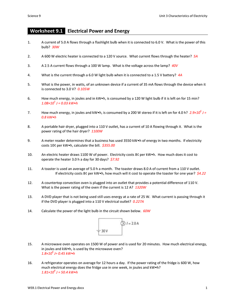 Worksheet 91 Electrical Power And Energy Throughout Electrical Power And Energy Worksheet