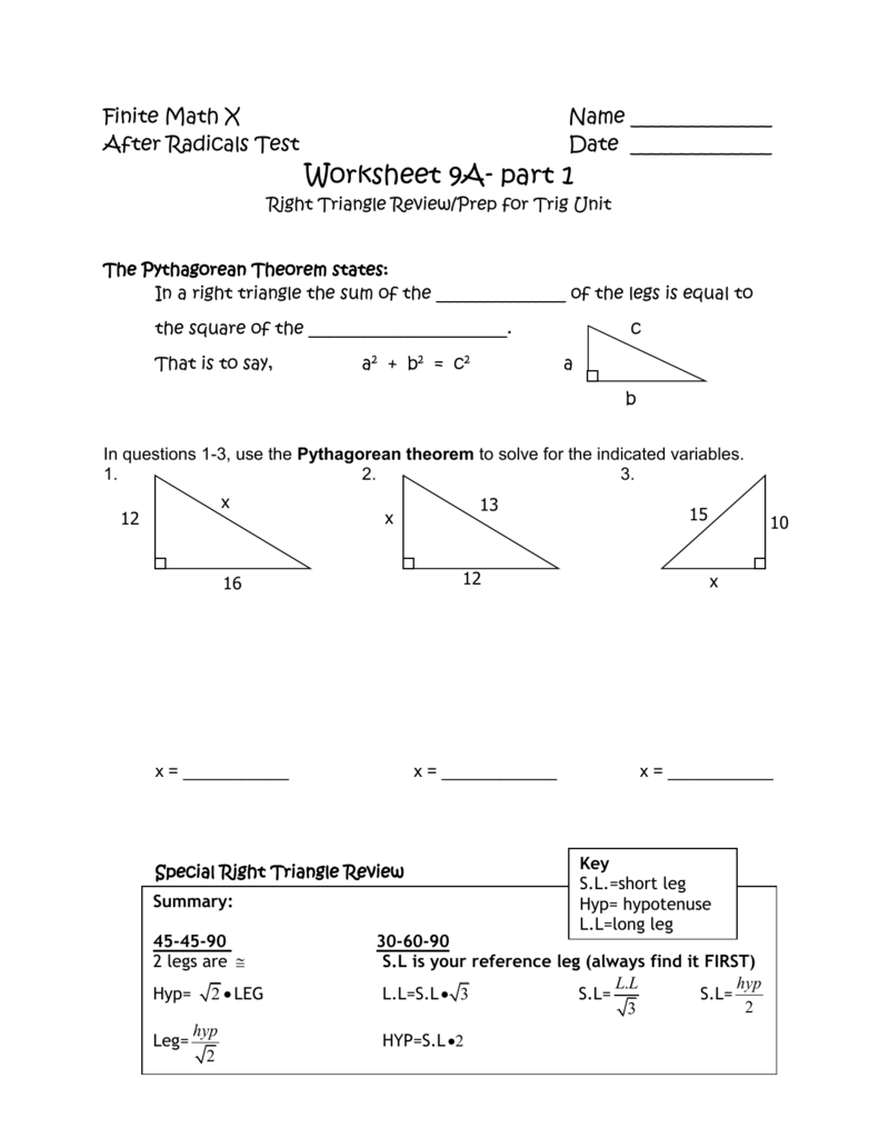 Worksheet 9A Part 2 As Well As Special Right Triangles Worksheet Answer Key With Work