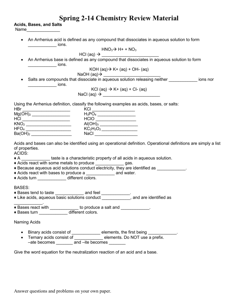 Worksheet Acids Bases And Salts Review Regarding Acids Bases And Salts Worksheet