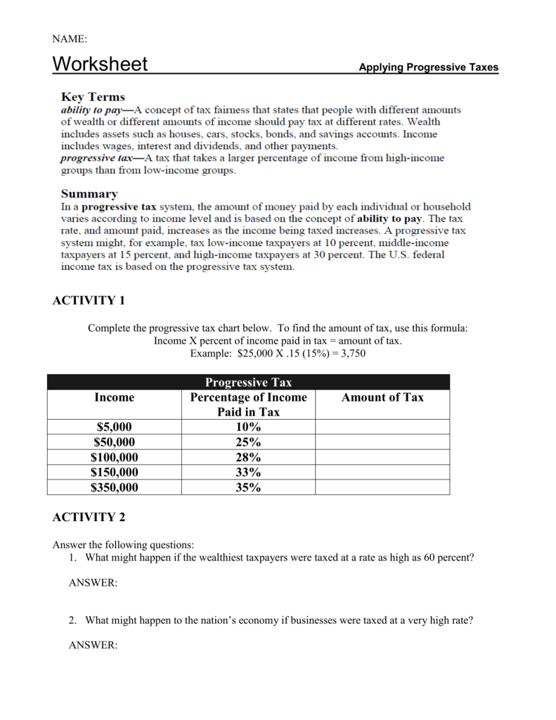 Worksheet Applying Regressive Taxes For Taxation Worksheet Answers